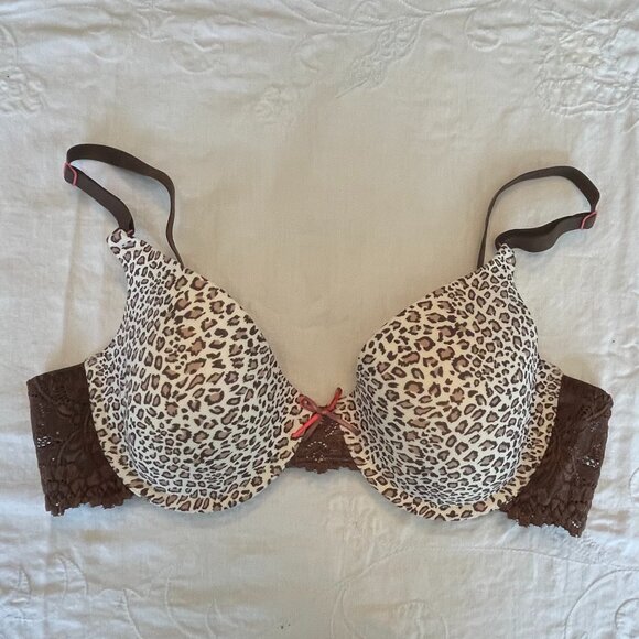 Maidenform Bra 36-C, Brown Leopard Print Soft Thin Foam Cups, Dark Brown Lace - Picture 1 of 5
